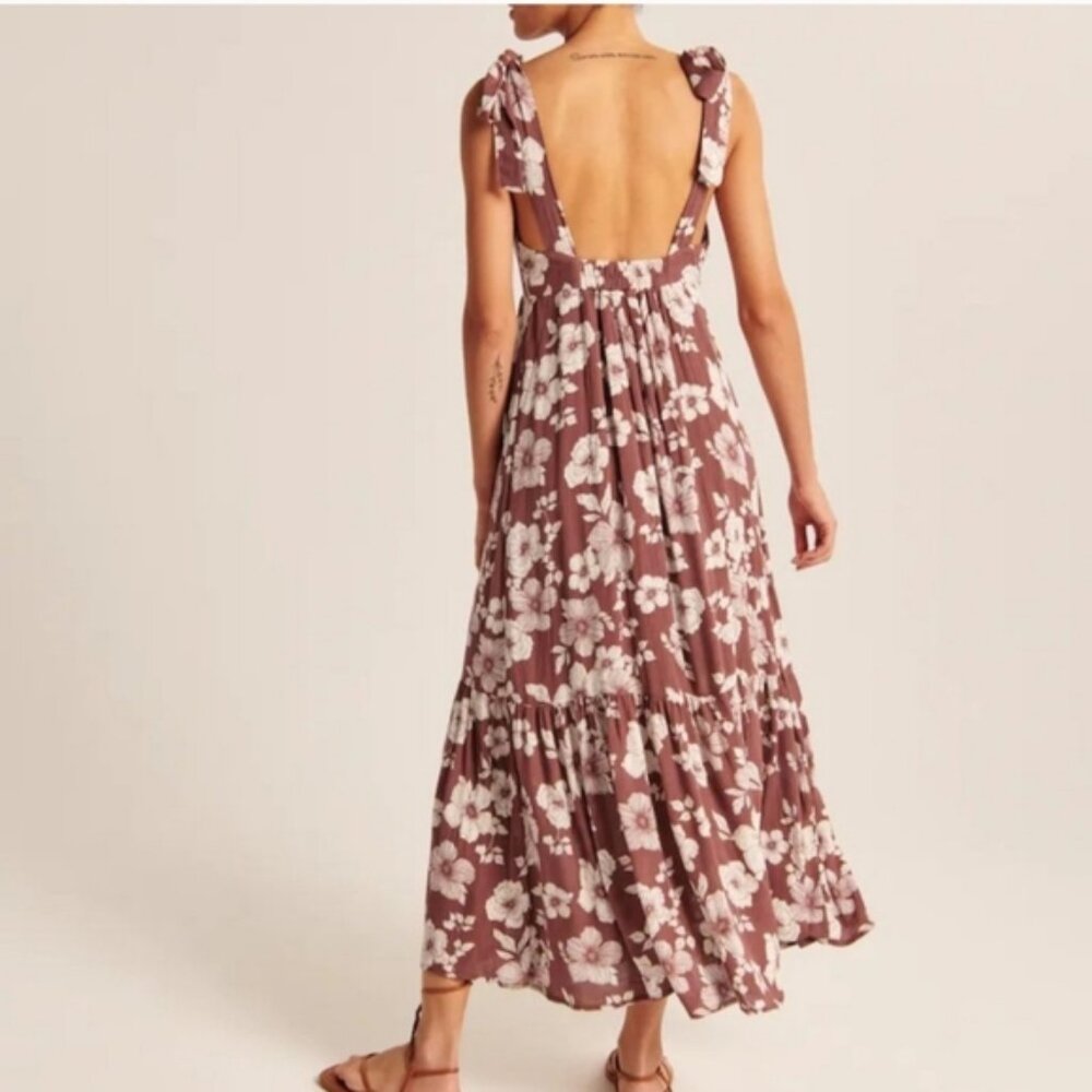 Mauve Red Brown White Floral Midi Tie Strap Abercrombie Dress - Picture 2 of 6